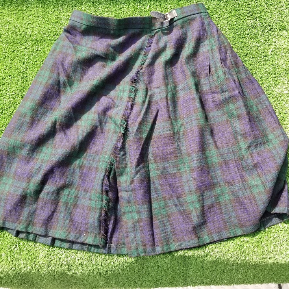 Vintage 100% Pure New Wool Tartan Kilt / Skirt Womens Size 14 Green Purple Plaid